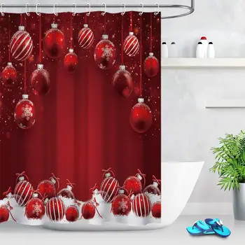 

Christmas Ornament Shower Curtain Snowflakes with Red Xmas Balls on Winter Snow Holiday Party Shower Curtains for Bathroom