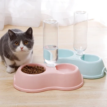 

Non-Slip Pet Double Bowl With Drinking Bottle Plastic Automatic Water Storage Pet Drinking Feeder Cat Dog Feeding Accessories