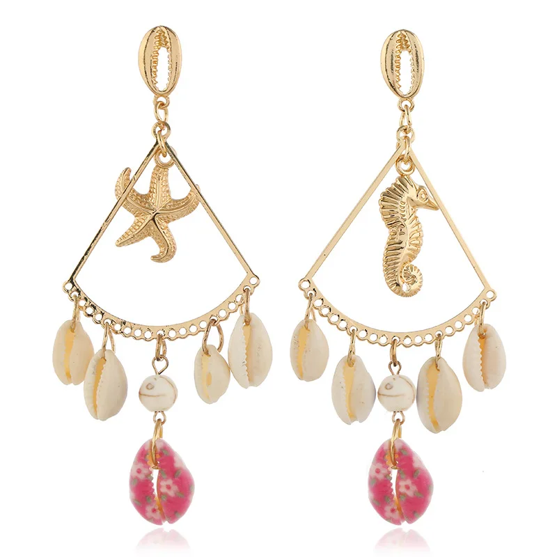 

2019 Fashion Gold Natural Sea Shell Starfish Drop Earrings for Women Bohemain Big Color Alloy Shell Earring Statement Jewelry