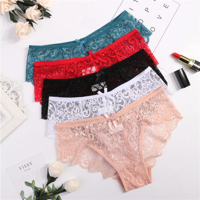 3pcs/Pack! Sexy Women Lace Panties Underwear Lace Briefs S M L XL Transparent Floral Bow Soft Lingerie 2