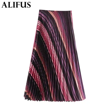 

Fashion Za Women Skirts Stripe 2020 Spring Autumn Skirt Elastic High Waist Pleated Long A-Line Female Ladies
