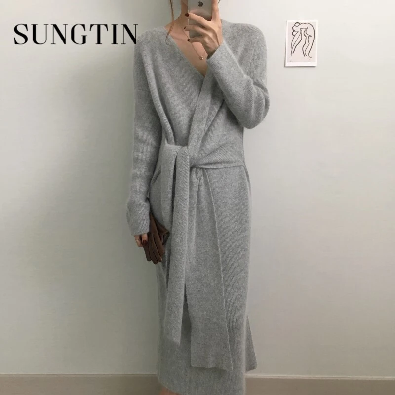 Sungtin осень пояса из органической кожи Платье-свитер для женщин зима V образным