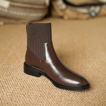 

2021 Autumn Winter Low Heels Women Ankle Boots Genuine Leather knitting ankle boots Party Basic Shoes Woman