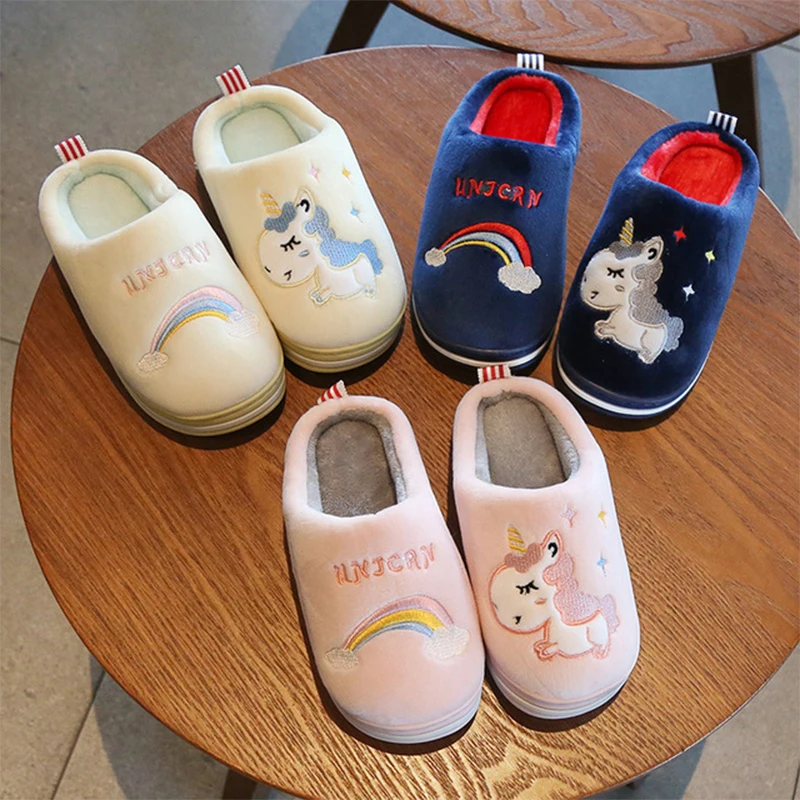 Зимние домашние тапочки для малышей с животными; хлопковые детские тапочки с рисунком; тапочки с единорогом для мальчиков и девочек; обувь с радугой