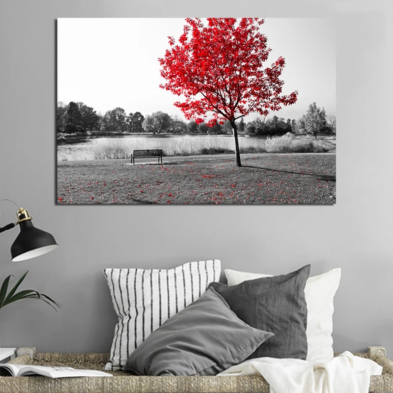 

Park Bench Red Leaves Tree Black White Art Canvas Poster Painting Wall Picture Print Landscape Home Bedroom Decoration Framework