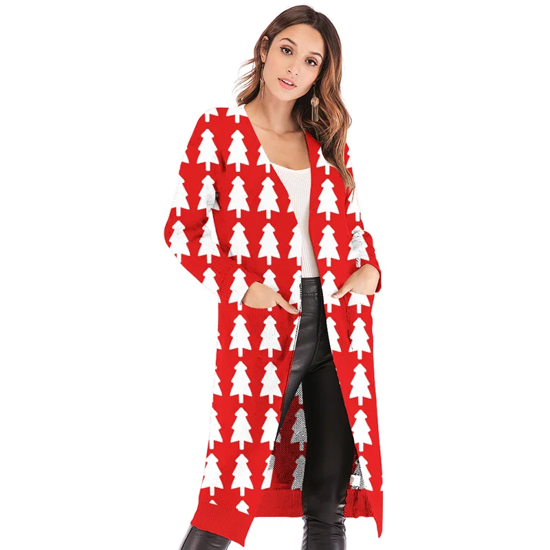 Рождественский свитер, Осенний длинный кардиган с леопардовым принтом, женский длинный вязаный свитер с длинным рукавом, верхняя одежда, женские джемперы, туника