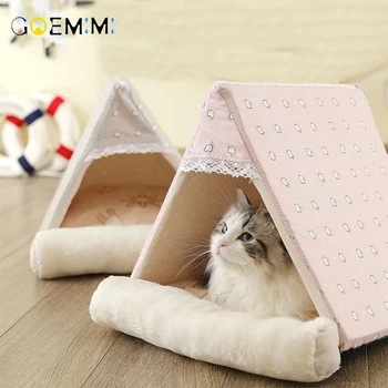 

Winter Warm Cat Bed Foldable Small Cats Tent House Kitten for Dog Basket Beds Cute Cat Houses Home Cushion Pet Kennel