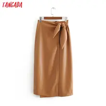 Tangada женские юбки цвета хаки из искусственной кожи faldas mujer с бантом и эластичной талией женские элегантные офисные женские миди юбки 3H262