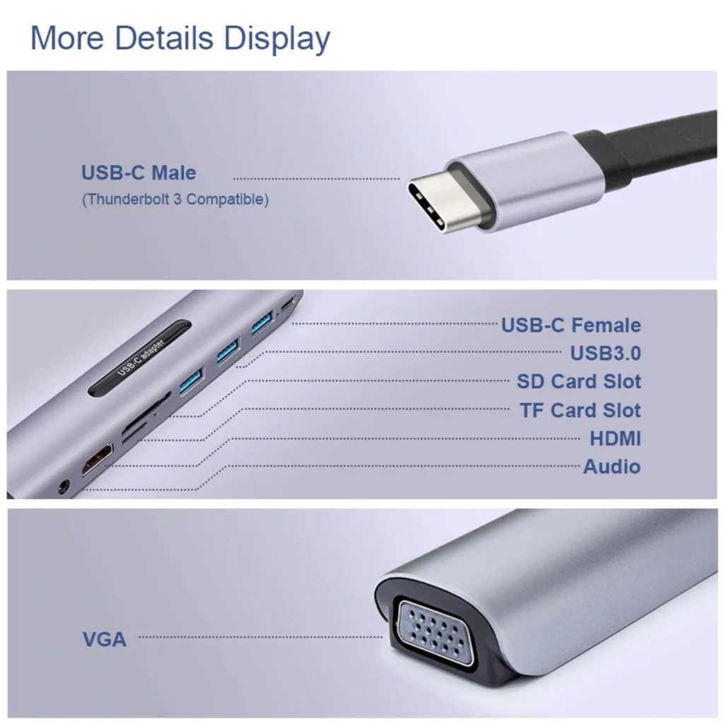 Ouhaobin 9 в 1 type-C концентратор USB-C к USB3.0x3 концентратор для TF SD ридер для HDMI VGA Аудио для USB-C PD многопортовый адаптер