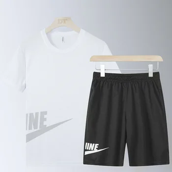 

white Men's Suit Summer Casual T-shirt Jogging shorts 2 piece Tracksuit Men Solid color printing Sportswear Brand Clothing Men's