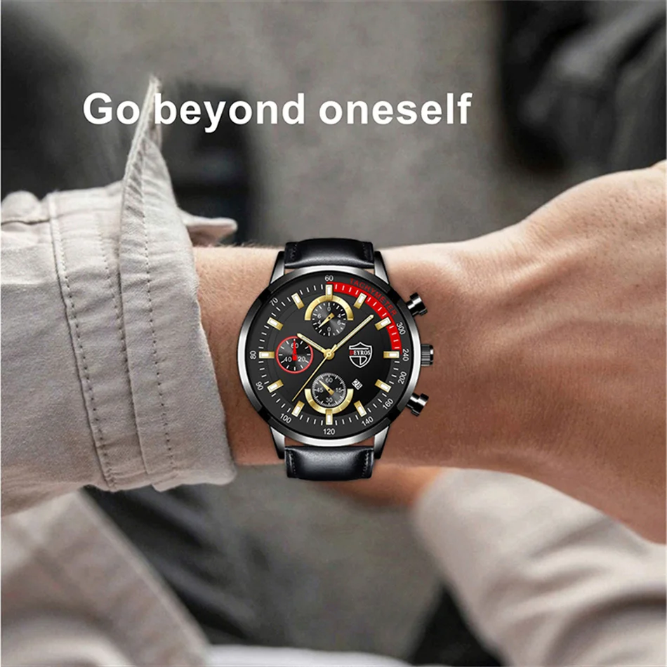 Luxury Mens Leather Watches Stainless Steel Fashion Calendar Quartz Wrist Watch Leather Bracelet Male Business Luminous Clock