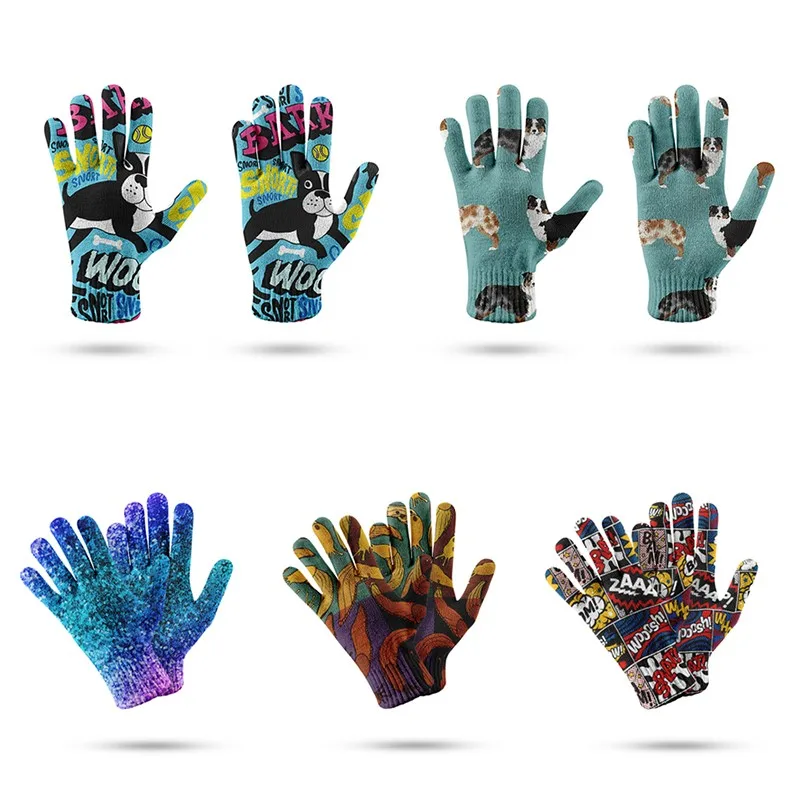 Women's Spring Touch Screen Gloves 3D Printing Splicing Knitted Sports Mitten Men's Stretch Ride Bike Five Finger Gloves