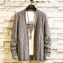 Autumn Cardigan Men Fashion Solid Color Casual Hole Sweater Jacket Men Wild Loose Long Sleeve Knitting Sweaters Coat Male M-4XL