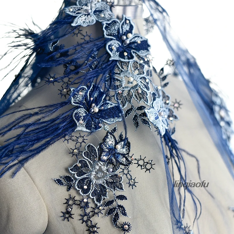 Роскошное Свадебное украшено перьями вышитая кружевная ткань 3D цветок одежда аксессуары один ярд цена