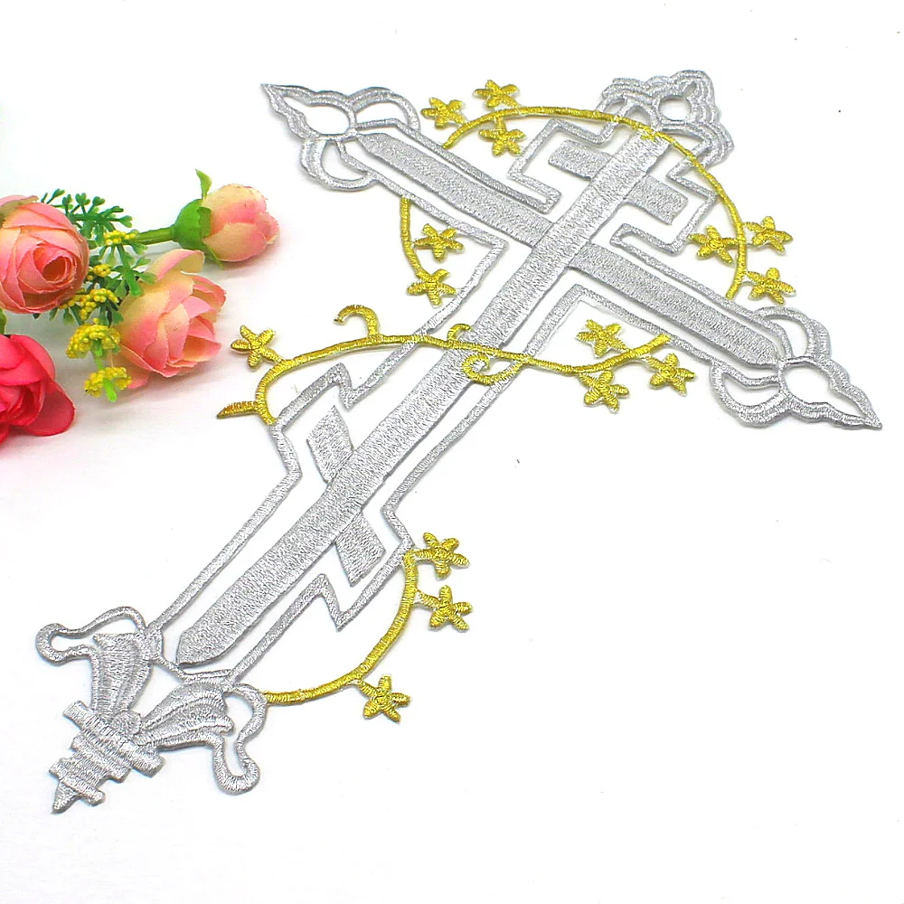 Jesus Cross Patches Iron On Appliques 3D Embroidered Flower Trims Cross  20*28cm - AliExpress