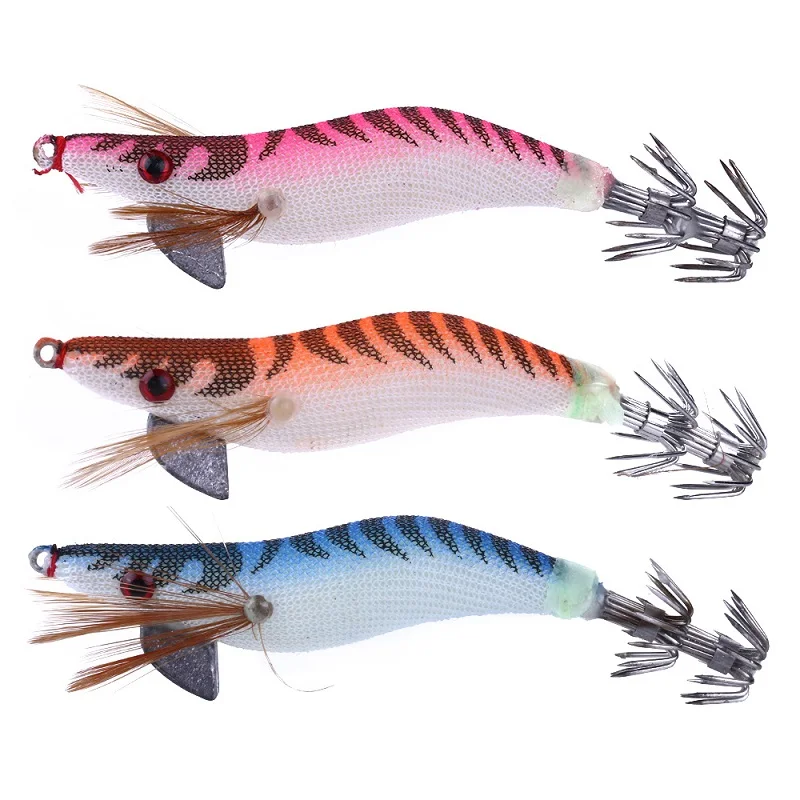

3pcs 2.0# 8cm 8g Fishing Lures Squid Jig Hooks Wood Shrimp Artificial Spinner Lures Kit Glow Bait