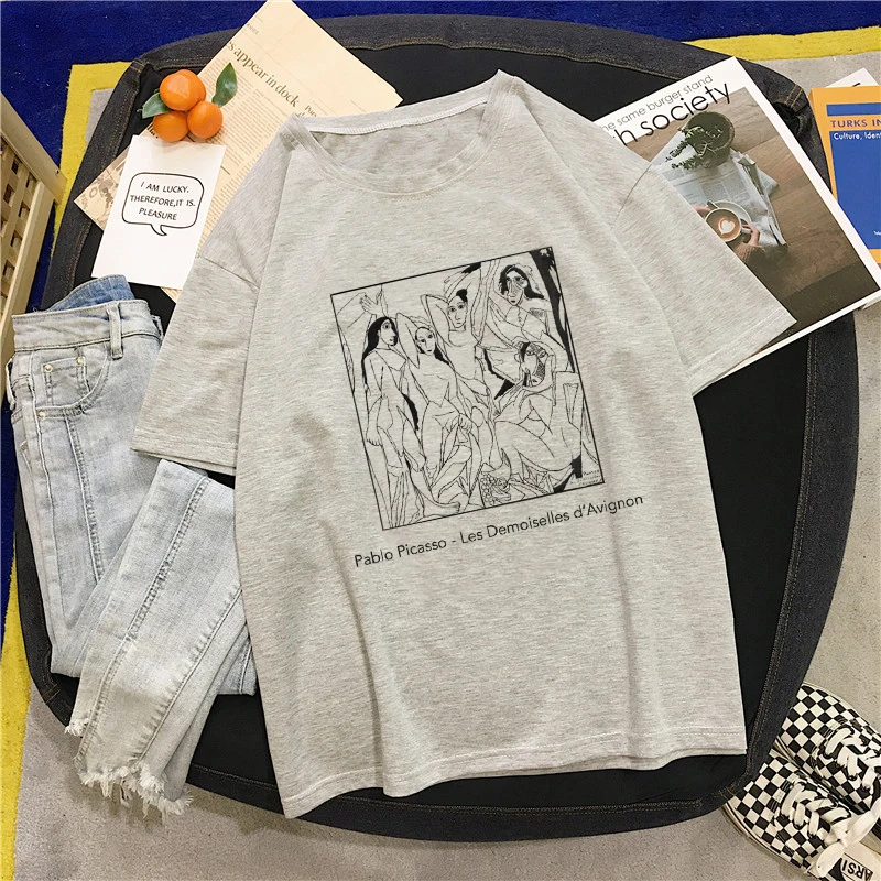 Ulzzang Harajuku Funny Black and White Drawing David Print Short Sleeve T-Shirt Large Size Loose O-neck Casual Women T-Shirt
