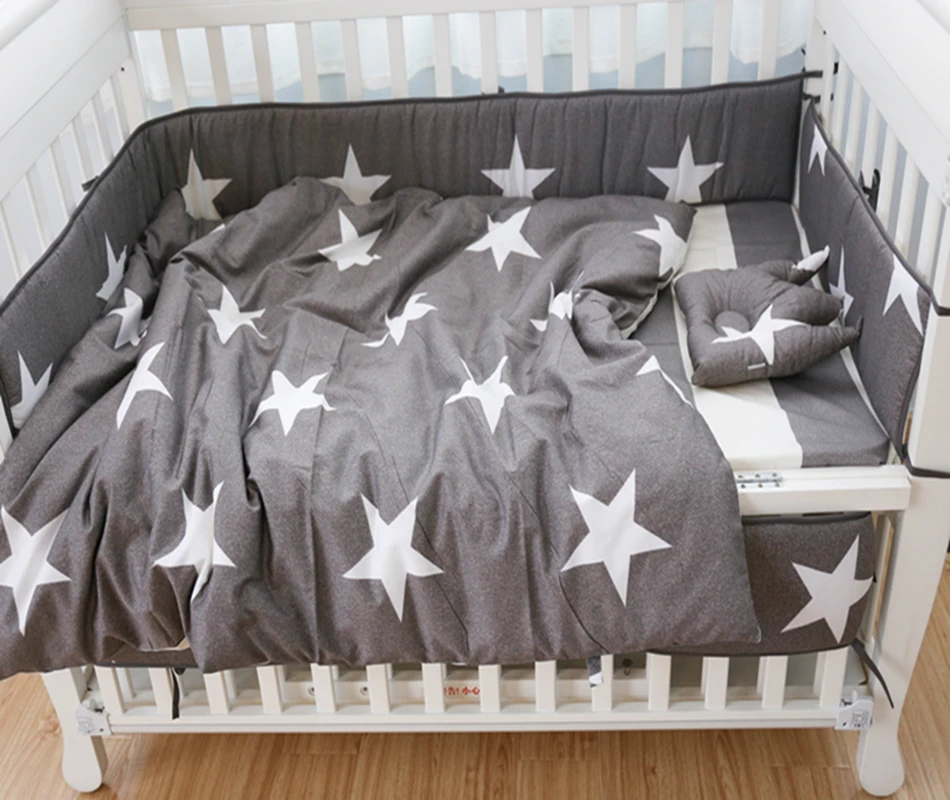 

6Pcs Baby Bedding Set Cotton Grey Star Star Bumpers Newborn Baby Bed Linens Crib Duvet Cover Cot Bed Fitted Sheet Crown Pillow