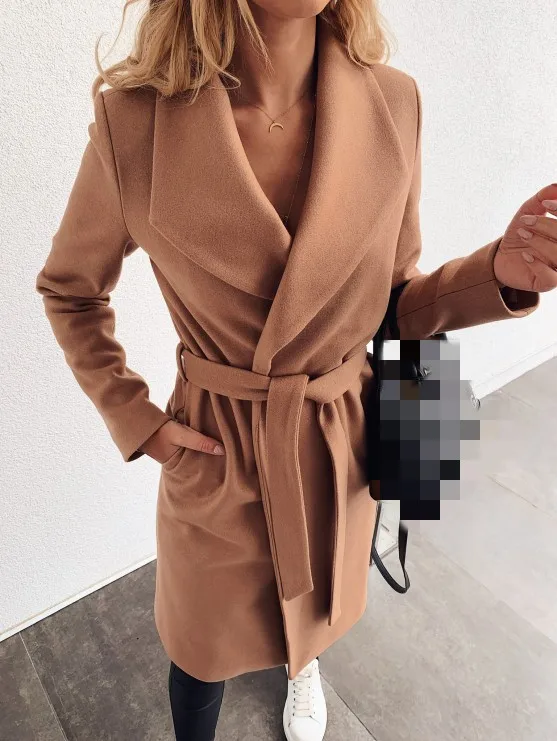 2021 Autumn Winter Black Women's Coat Trench Wool Oversize Warm Lace Up Long Coats Female Elegant Fashion Casual Outerwear Lady