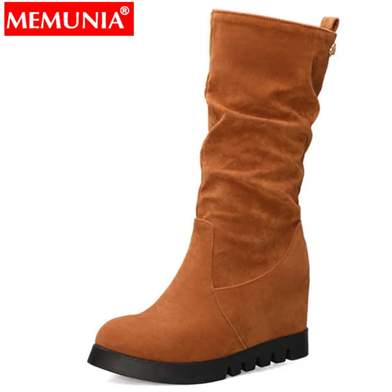 

MEMUNIA big size 34-43 fahsion mid calg boots round toe flock slip on height increasing boots elegant autumn winter women boots