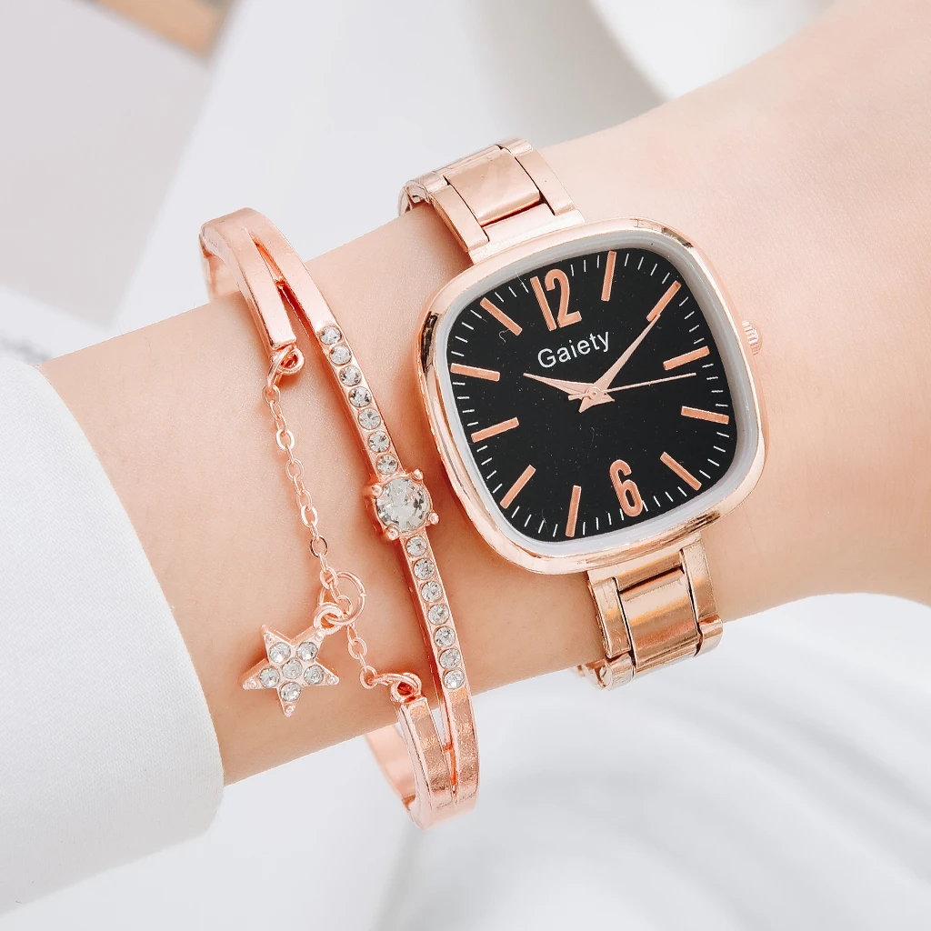 2022 New 2 PCS Gold Luxury Rhinestone Watches Set Women Quartz Bracelet Watches Ladies Dress New Wristwatch Clock Relogios