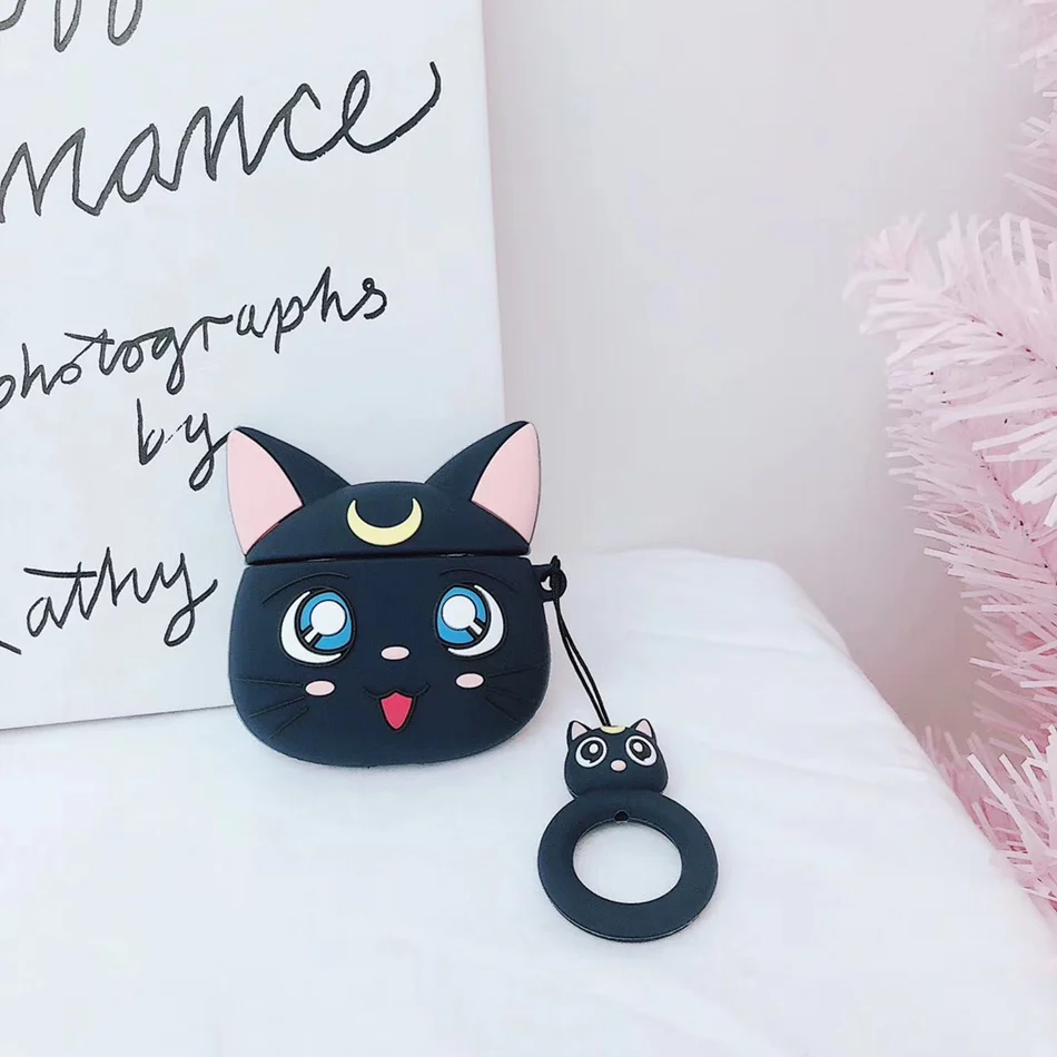 Для AirPods случае 3D мультяшный наушник чехол для Apple Airpods 2 забавные интимные аксессуары защитную крышку с палец кольцо ремень - Цвет: Black Cat