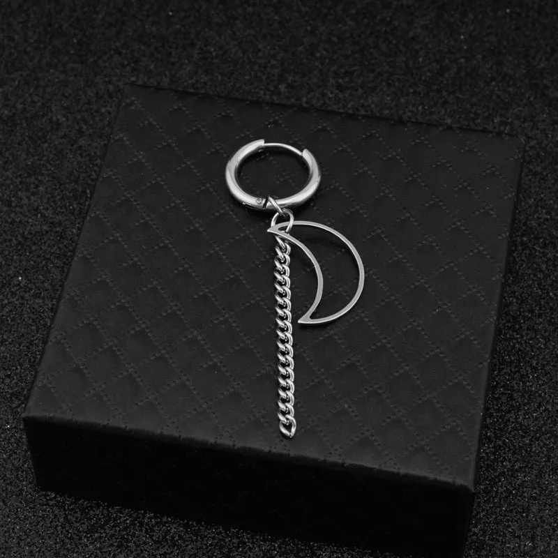 Hc9284617086948e59b675c35baa655c09 1 PC Boy Korean Punk Stainless Steel Cross Hoop Earring For Men Long Chain Tassel Leaf Moon Rock Hip Hop Piercing Stud Jewelry Mallzona
