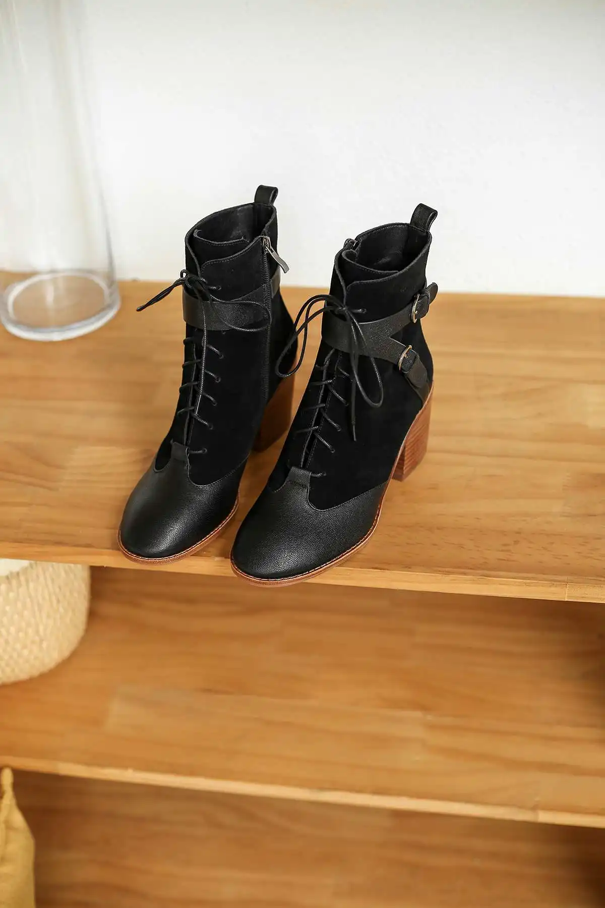 krazing pot sheep leather cow suede lace up thick high heels carving round toe career belt buckle keep warm mid-calf boots l77