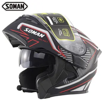 

SOMAN Motorcycle Helmet Bluetooth Dual Lens Full Face Helmet Racing Motorbike with Bluetooth Headset Flip Up Modular Casco Moto