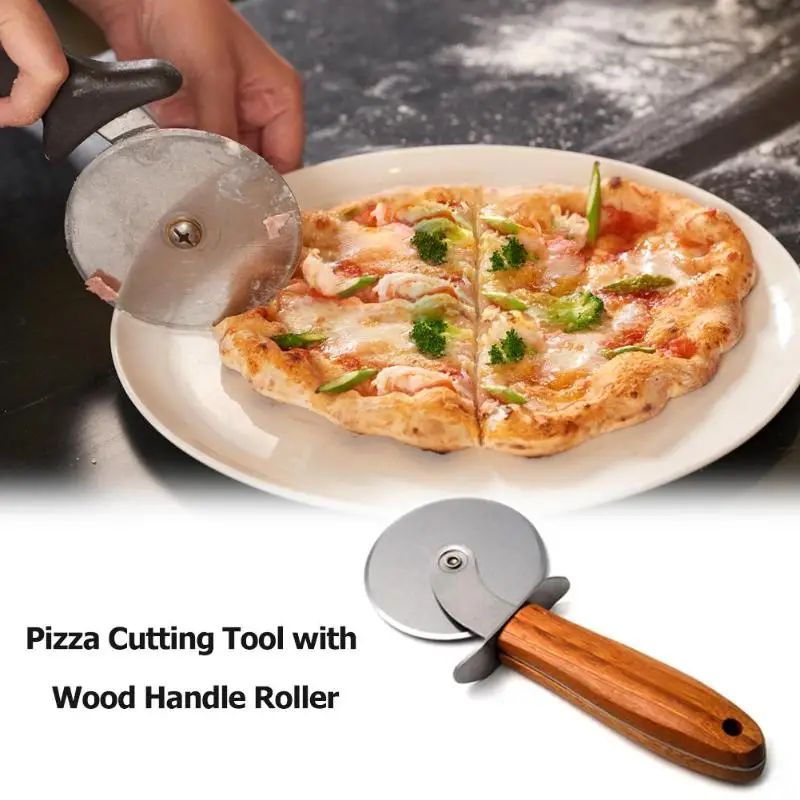 Нож для пиццы с деревянной ручкой из нержавеющей стали, круглый кухонный инструмент для торта