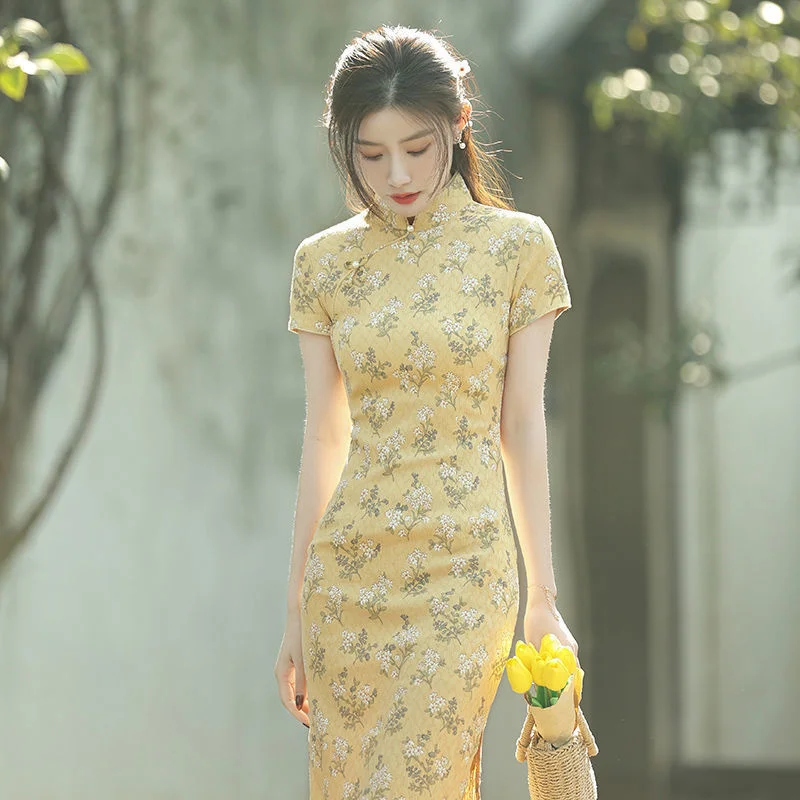 

New Style Cheongsam Summer Young Small Modified Party Dress Yellow Girl Temperament Long Dress Qipao Vestidos Vestido De Noche