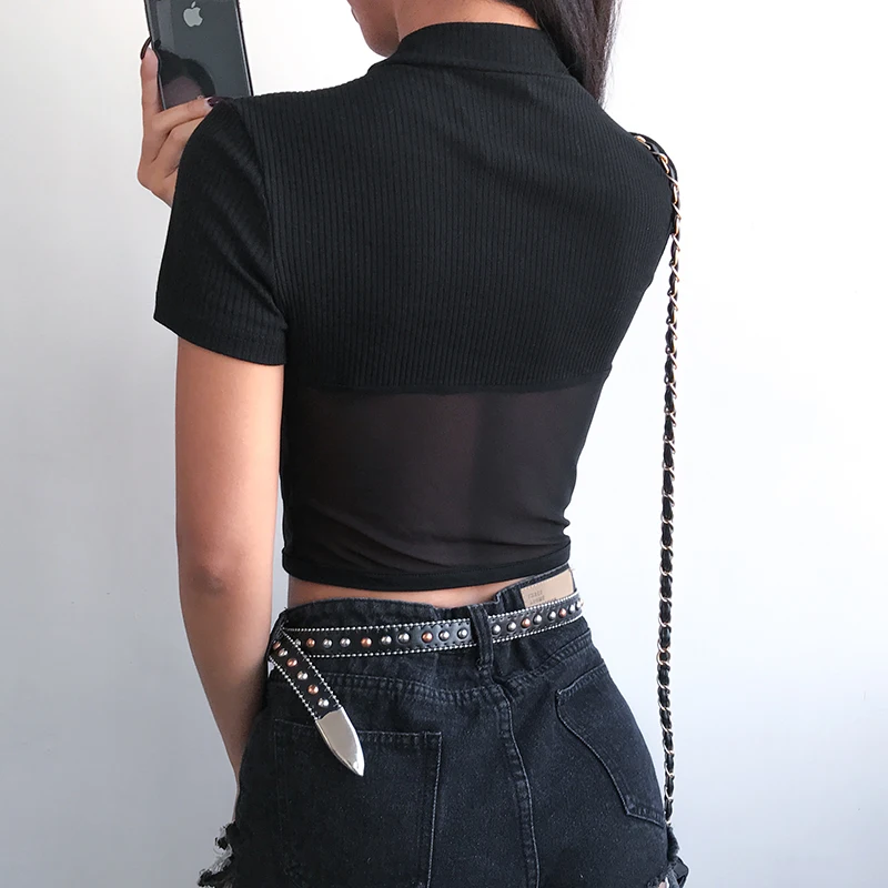 Rockmore черная ребристая Лоскутная рубашка для женщин Харадзюку с длинным рукавом сетчатый выдалбливающий укороченный топ облегающие футболки футболка Femme Базовая футболка