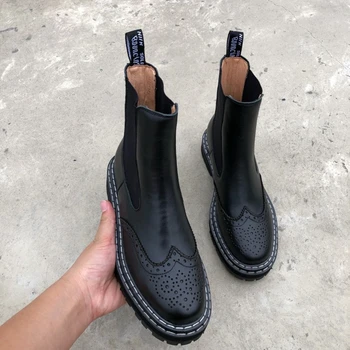 

Winter women boots all-match martens boots round toe platform flat genuine leather Martin boots Brock Black/Red motorcycle boots