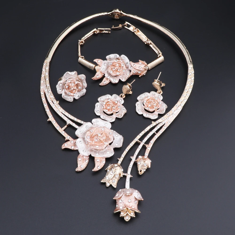 Bridal Jewelry Sets Nigeria Classic Jewelry Sets Elegant Bride Wedding Flower Shape Necklace Earrings Bracelet Ring Set for Dubai Women