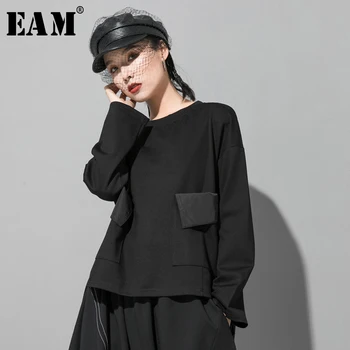 

[EAM] Women Black Pocket Split Joint Big Size T-shirt New Round Neck Long Sleeve Fashion Tide Spring Autumn 2020 1R420