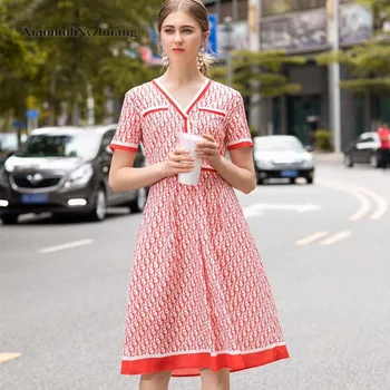 

Xiaomoli Fashion goddess essential casual print scalloped contrast dress V-neck sexy 2020 new women's summer