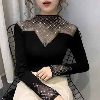 

(S-4XL)Spring Autumn Women Patchwork Lace Blouses Shirts Female Elegant Long Sleeve Slim Shirt Tops Plus Size Mesh Blouse