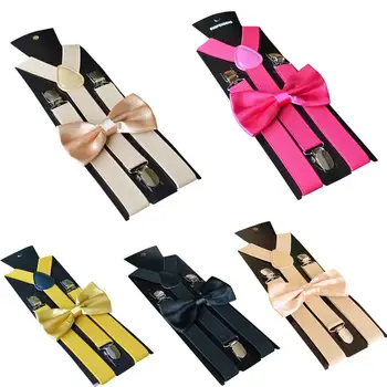 

Solid Color Kids Adult Clipon Elastic Y-Shape Adjustable Suspenders Bowtie Set fast shipments