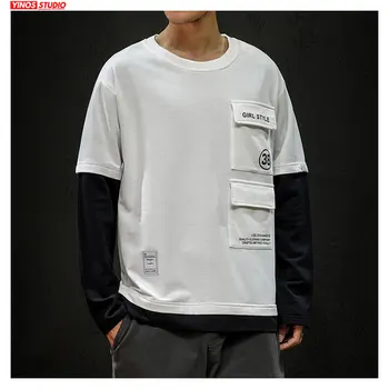 

Dropshipping Autumn 2020 Mens Causal Cotton Tops Japanese Fake Two Pieces Pullover Male Streetwear Patchwork Sport Hoodies