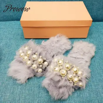 

Prowow New Black Pink Real Fur Pearl Deco Summer Slippers Open Toe Chick Design Flats Slippers Shoes Women