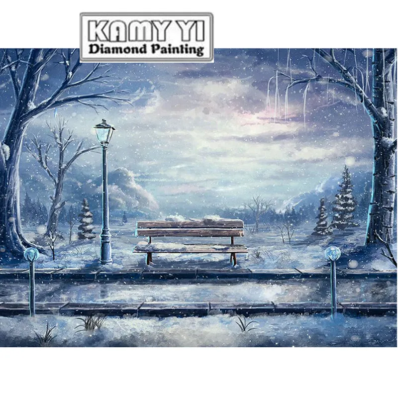 100% Полный 5D Diy квадрат/Круглый Даймонд Картины скамья в зимнее время года 3D