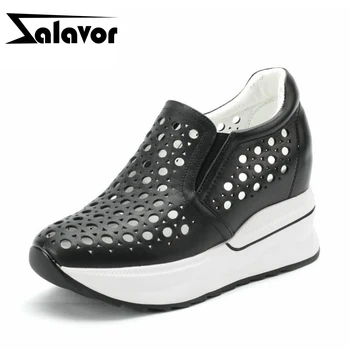 

ZALAVOR Women Pumps Genuine Leather Round Toe Casual Shoes Elastic Solid Color Height Increasing Shoes Women Size 34-40