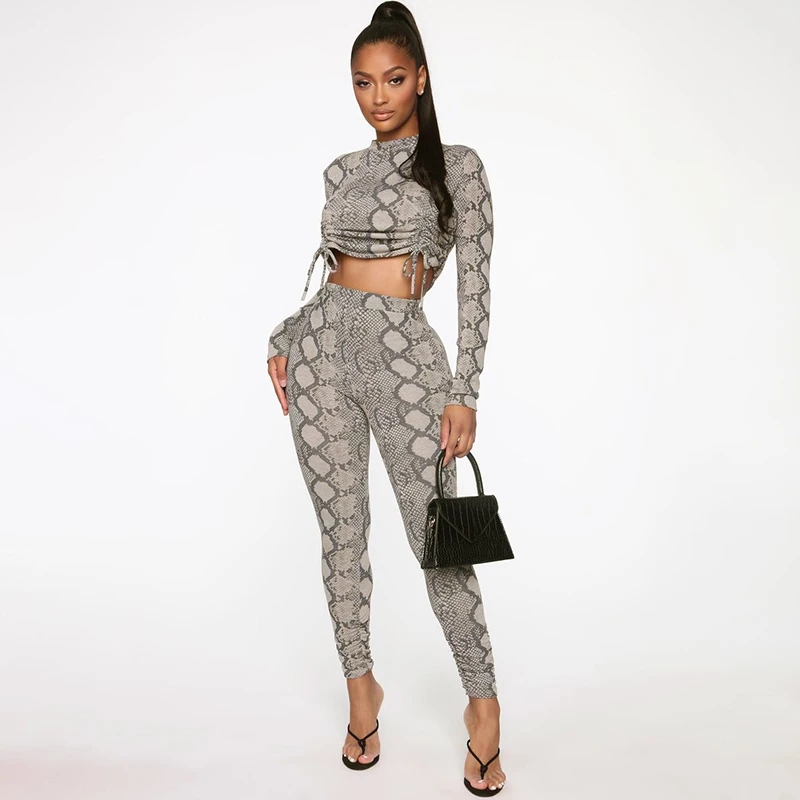 

Womens Clothes Set 2020 Two Piece Casual Fashion Snake Pattern Long Sleeve Drawstring Top and High Waist Trousers Outfits