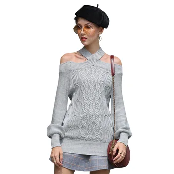 

Fashion Spring Women Long Slim Sweater Sexy Strapless Lamp Cage Sleeve Sweaters Female Knitted Pullovers Hot sale Clothing
