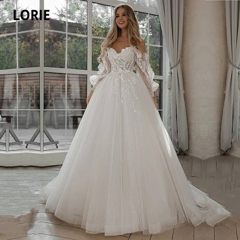 LORIE Glitter Wedding Dresses Puff Sleeve Appliques Lace 3D Flowers off Shoulder Tulle Boho Bride Gown 2021 vestidos de novia 1