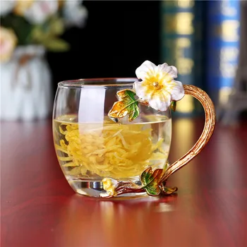 

Zi Zi European-Style Light Luxury Enamel Cup Heat-Resistant Crystal Glass Cup Household Couple's Cups Flower Tea Cup Custom