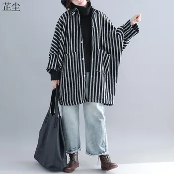 

2019 New Autumn Winter Women Jackets Coats Plus Size Long Vintage Striped Pocket Batwing Jacket Batwing Jacket Cazadoras Mujer