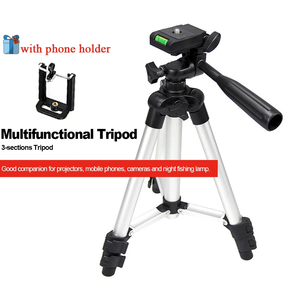 

45-130cm Aluminum Alloy Tripod Lightweight Travel 3-sections Stand w/Phone Holder 1/4" Screw Hole for Projector Cellhone Camera