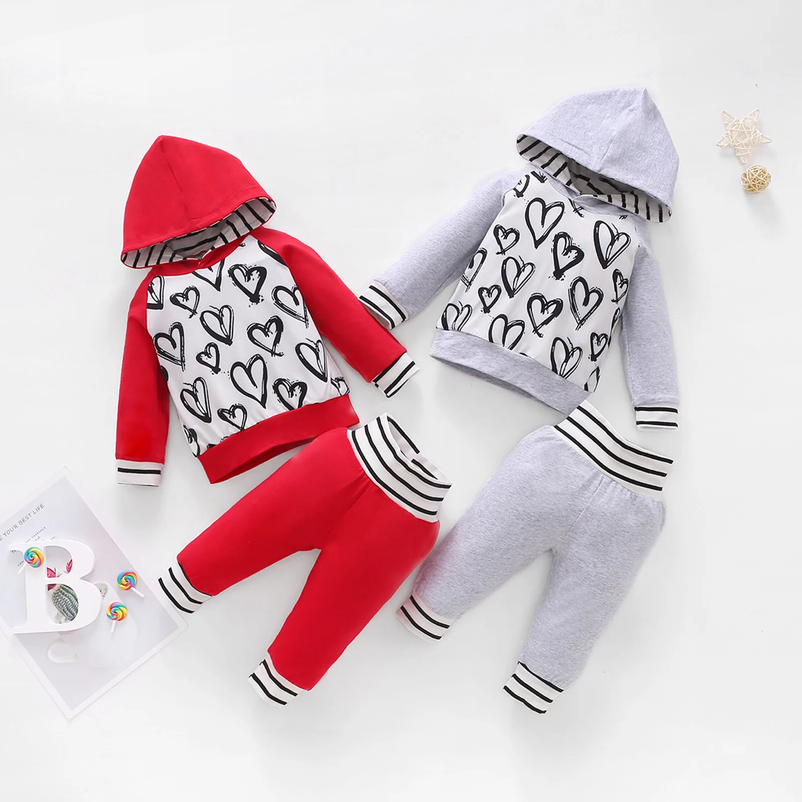

0-18Months Autumn Winter Toddler Kids Baby Boys Girls Fashion Heart Print Hoodded Tops+ Pants Outfits Set Valentine's Day Set M5