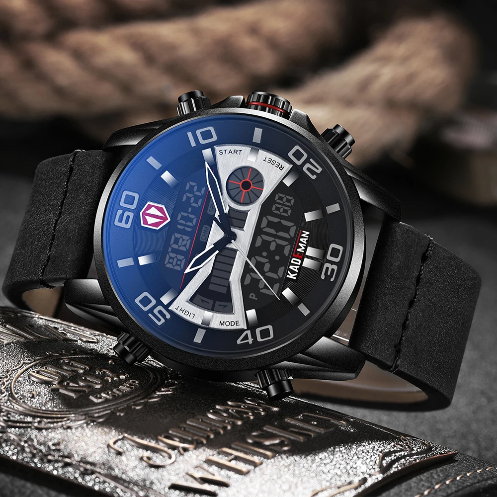 Najtaniej Oryginalny zegarek męski KADEMAN nowa seria Tech luksusowy sportowy zegarek 3ATM wyświetlacz LCD zegarek na co dzień zegarek ze skórzanym paskiem Relogio Masculino